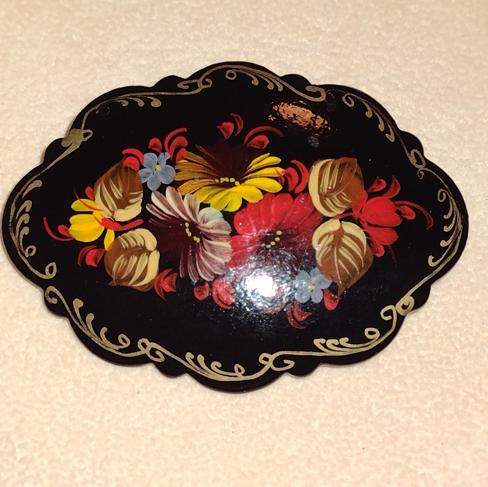 Hand-Painted Floral Black Lacquer Brooch - Red & Yellow Flowers